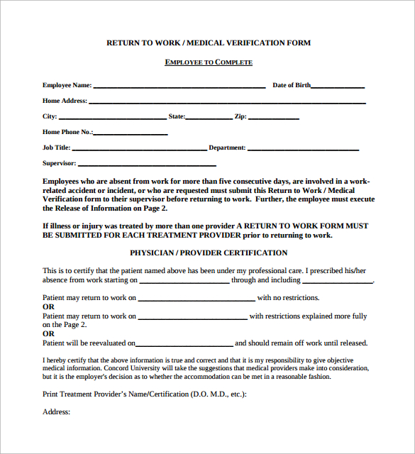 Printable Medical Return To Work Form 8539