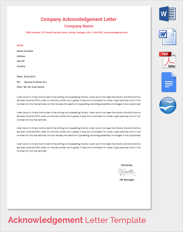 letter sample printable resignation Acknowledgement Form Service  Download of  22  Sample