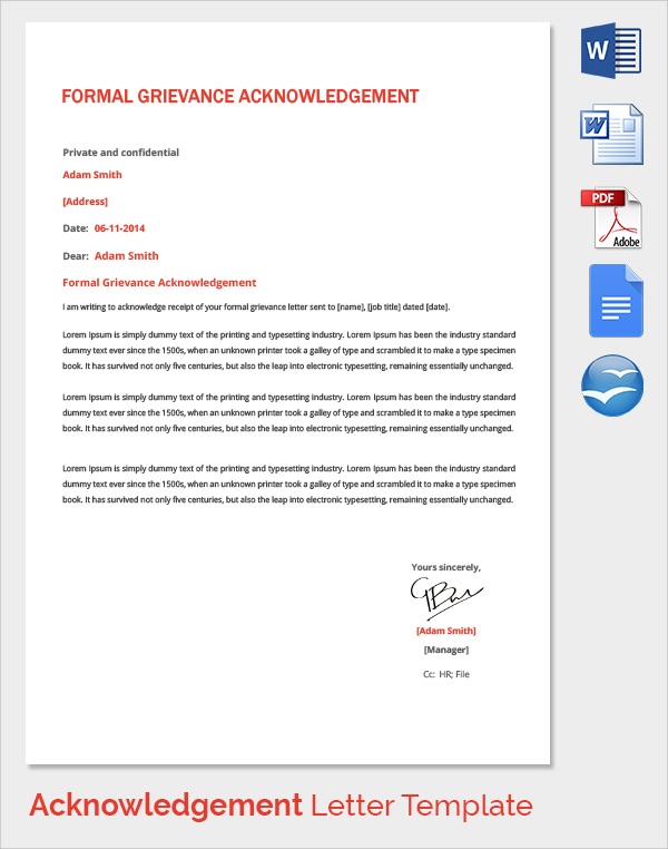 formal grievance acknowledgement letter template