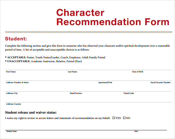 character recommendation form 