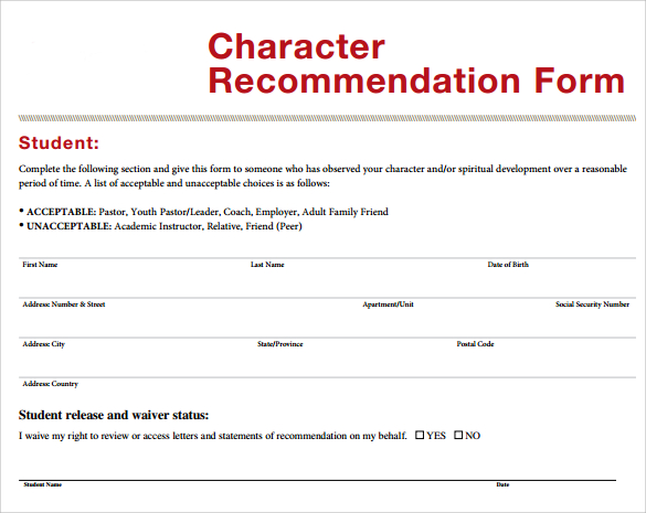 11 Character Letter of Recommendation to Download  Sample 