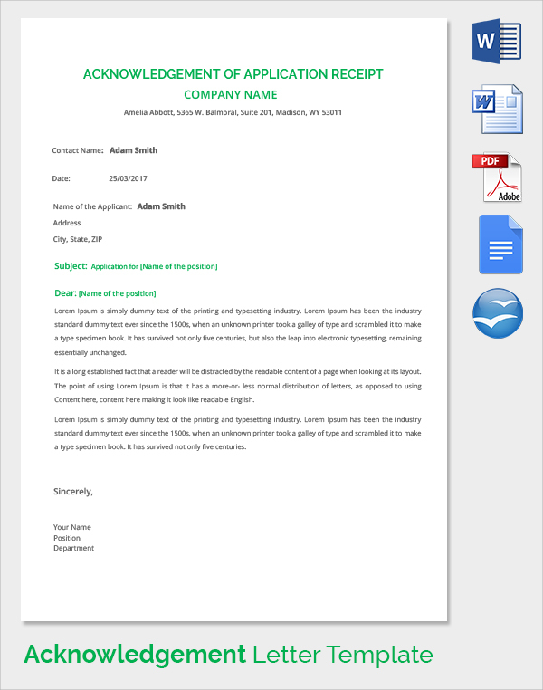 application receipt acknowledgement letter template