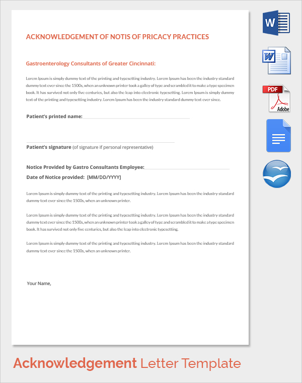 privacy practices acknowledgement letter template