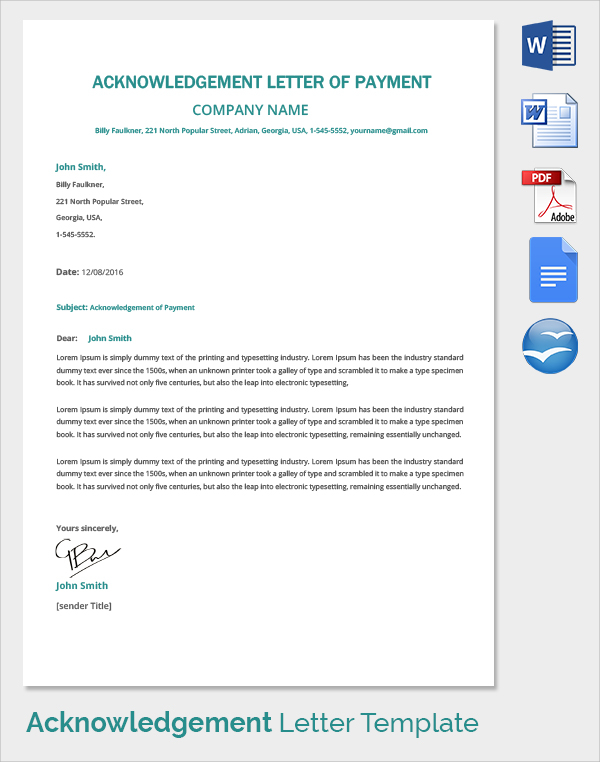 acknowledgement letter of payment template