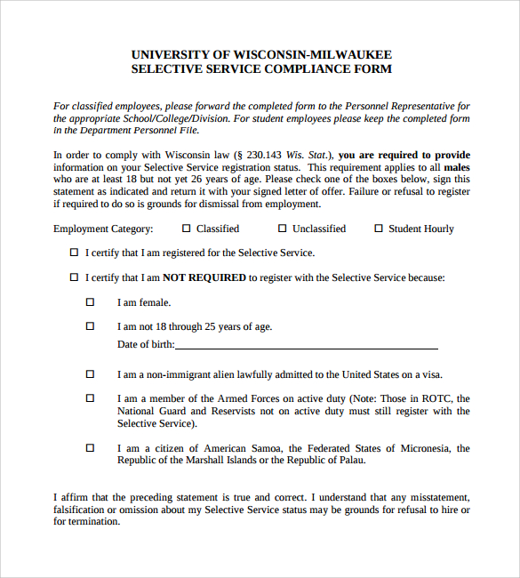 selective service registration compliance form