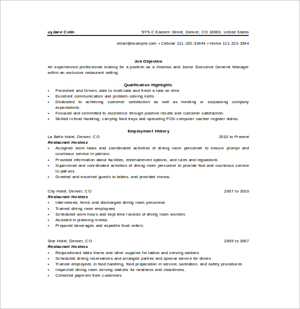 restaurant hostess resume free pdf