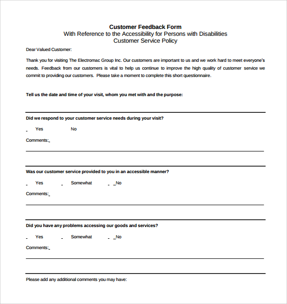 customer feedback form sample download