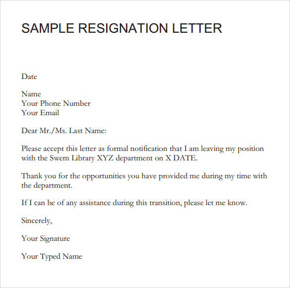 Resignation Letter 8 Samples Examples & Format