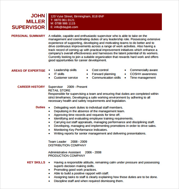 supervisor resume template