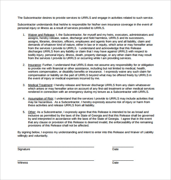 subcontractor release and waiver of liability form