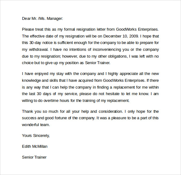 example resignation letter 