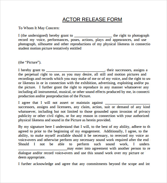 sample actor release form