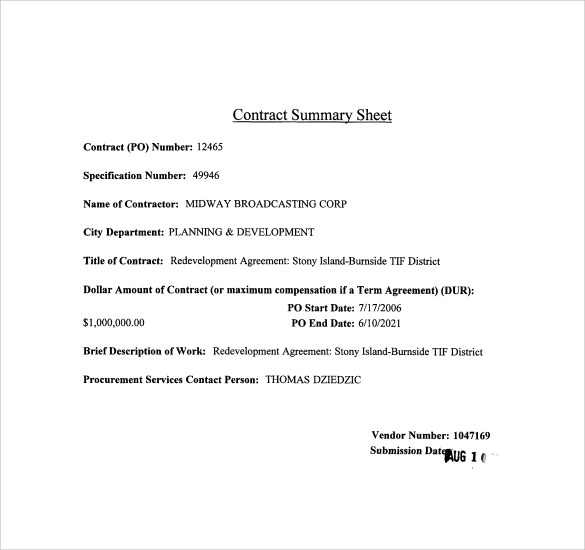 contract summary sheet