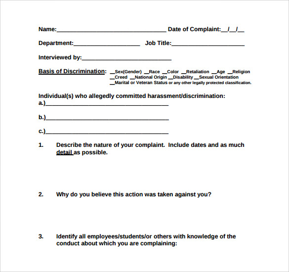 Harassment Plaint Form 6 Free Samples Examples & Formats