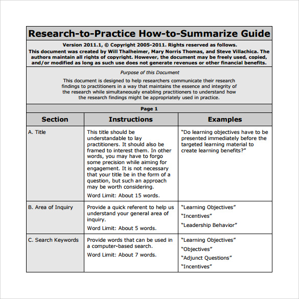 research article summary table