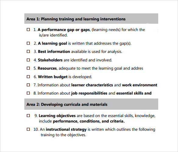 training checklist sample