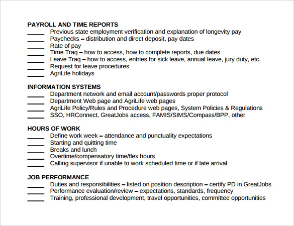 standard training checklist