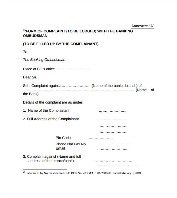 sample banking ombudsman complaint form