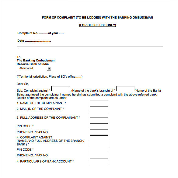 downloadable banking ombudsman complaint form