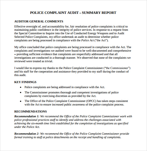 police complaint audit summary report