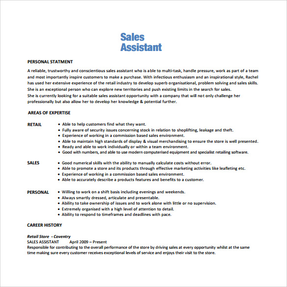 Personal Sales Associate Resume