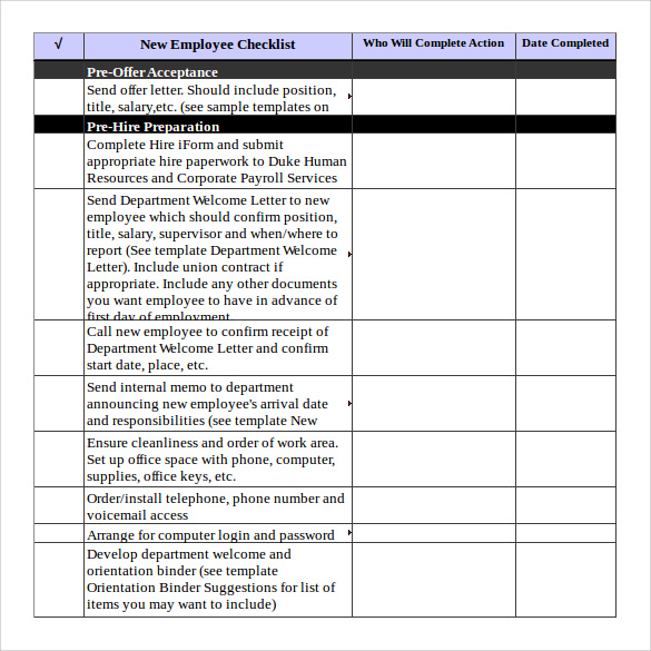new employee excel checklist template