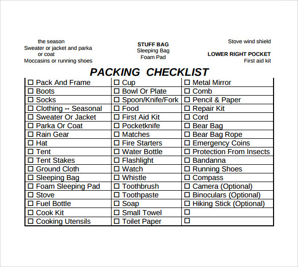 sample backpacking checklist template