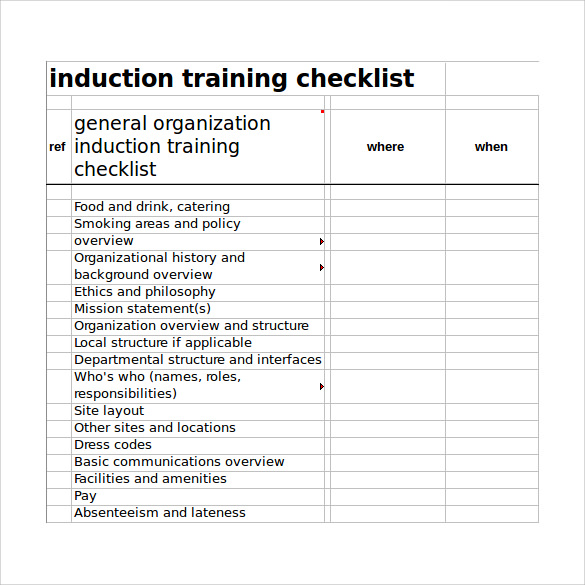 training checklist template excel