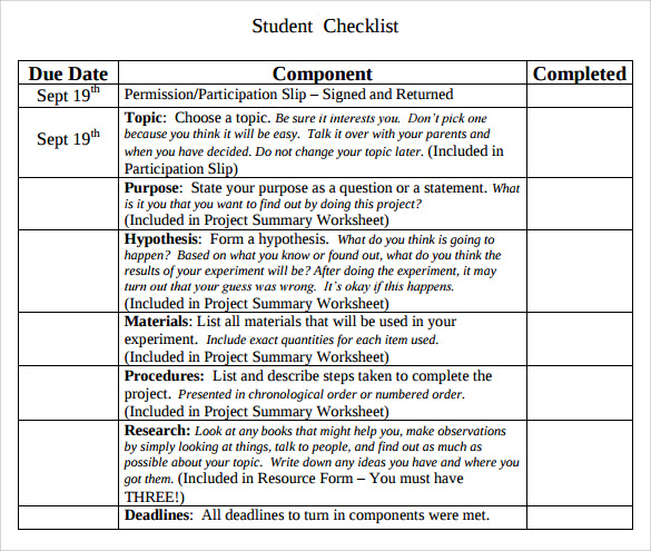 project checklist template for students