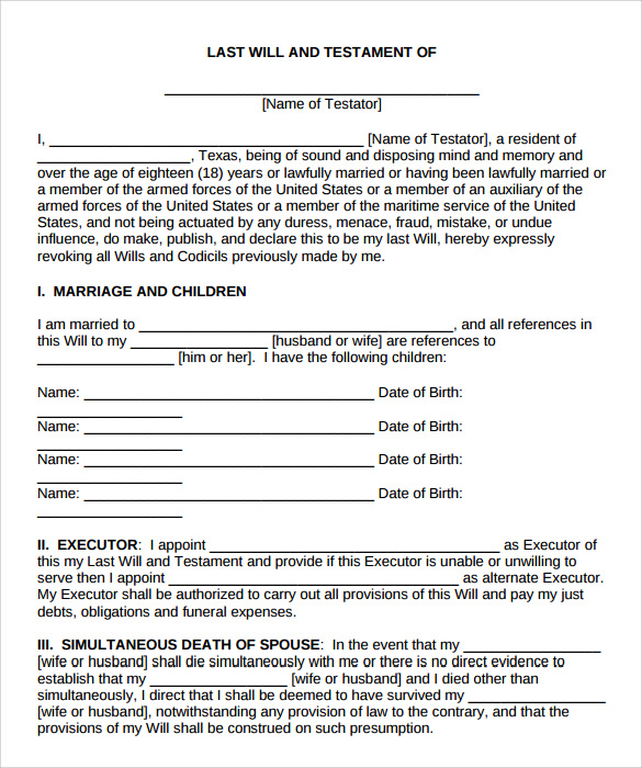 Sample Last Will And Testament Form – 9+ Free , Examples , Format ...