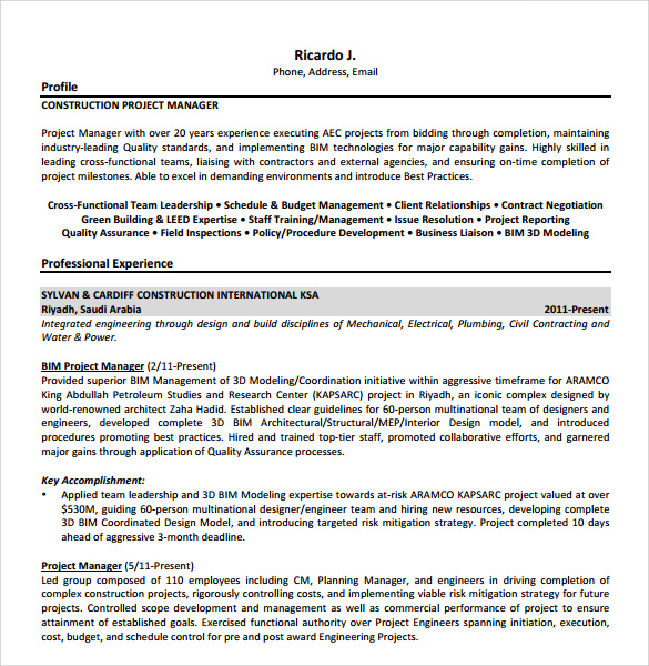sample construction resume template 11 free documents