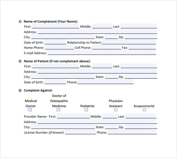 complaint form of patient