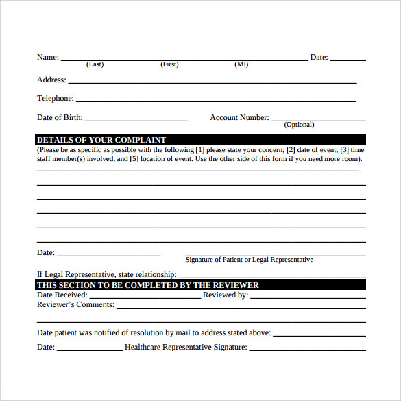 patient grievance complaint form