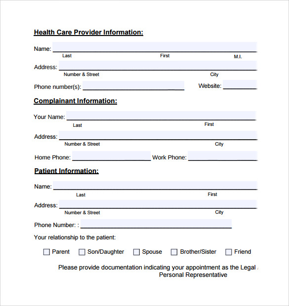 patient health care provider complaint form
