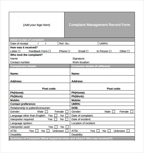 patient complaint record form