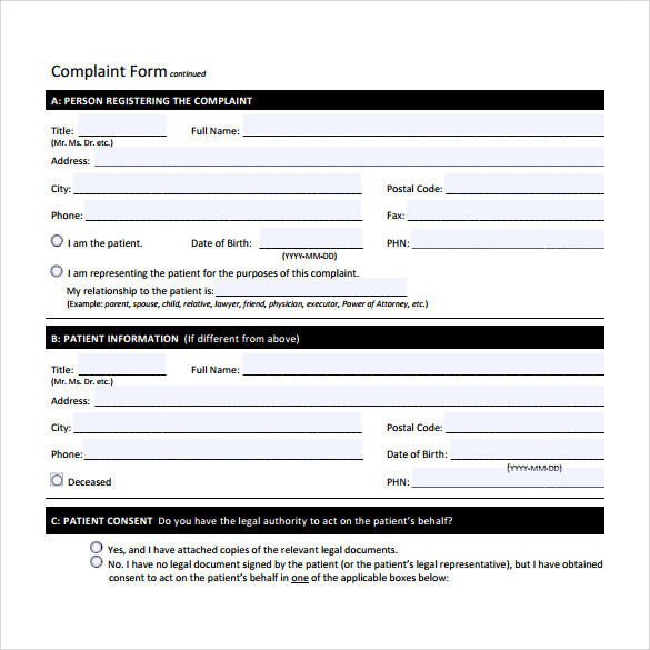 patient complaint form health care