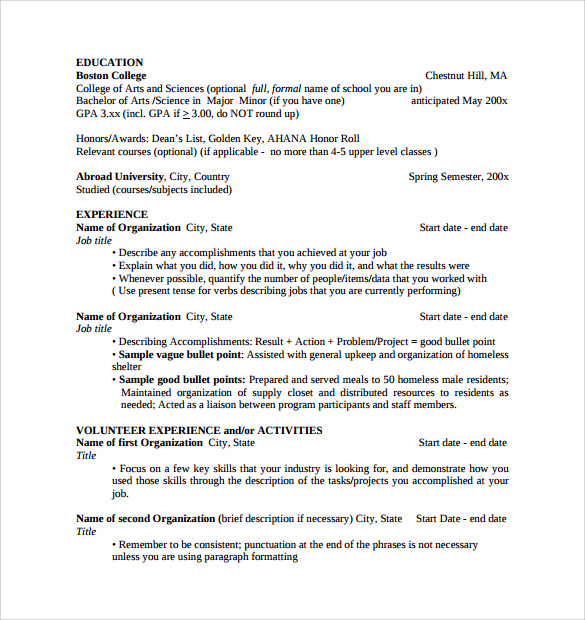 sample college student resume