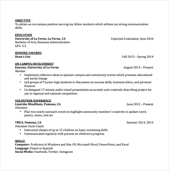 undergraduate student resume