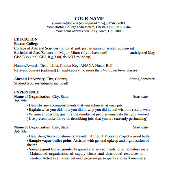 sample resume for current college student