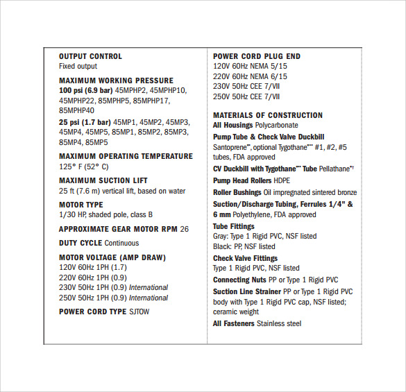 Specification Sheet Template