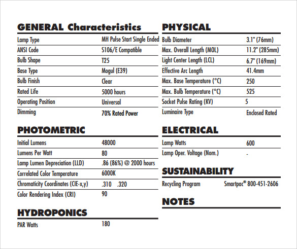 product specification sheet template