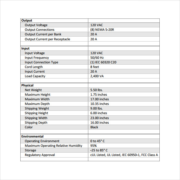 technical spec sheet template