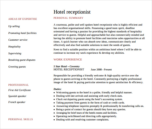 hotel receptionist resume