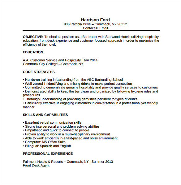 bartenter with no experience resume