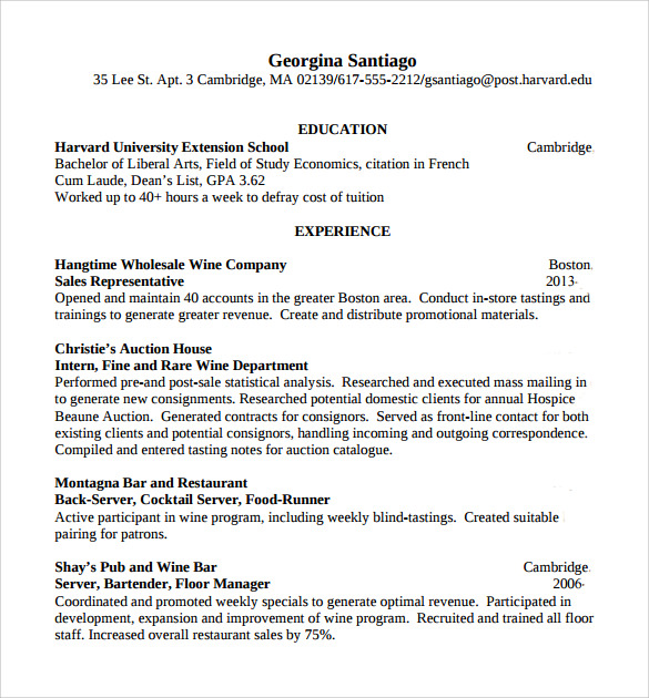 bartender resume sample with experience