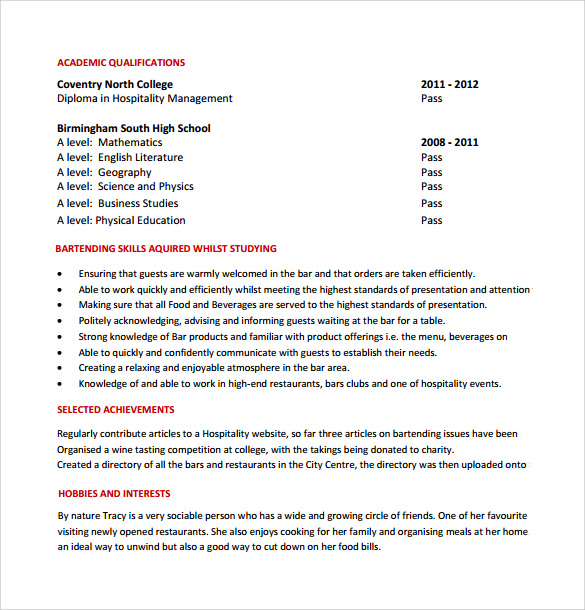 bartender resume sample