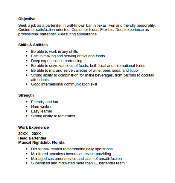 microsoft word 2007 bartending resume template