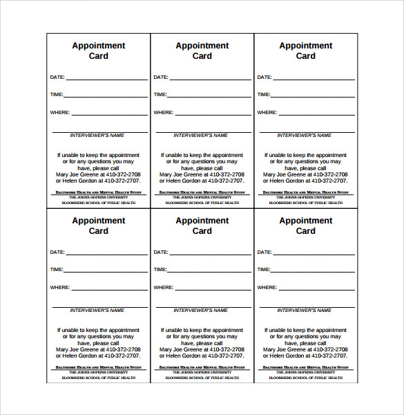 9 Sample Appointment Cards Sample Templates