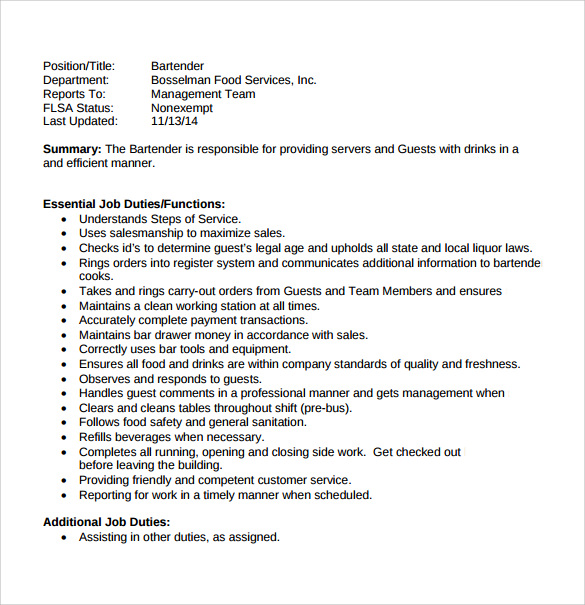 FREE 8+ Sample Bartender Resume Templates in PDF MS Word