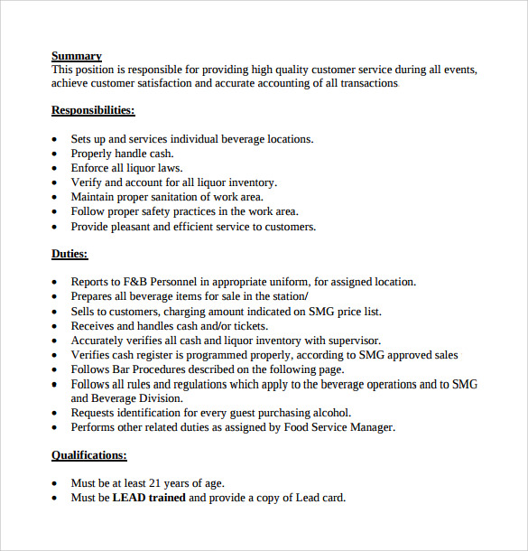 bartender job duties for resume